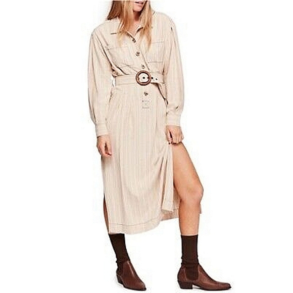 FP Free People Audrey linen blend stripe midi shirt dress (Belt Not Included) - Picture 1 of 13